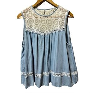 Hint of Mint Blue Chambray & Cream Lace Sleeveless Flyaway Blouse